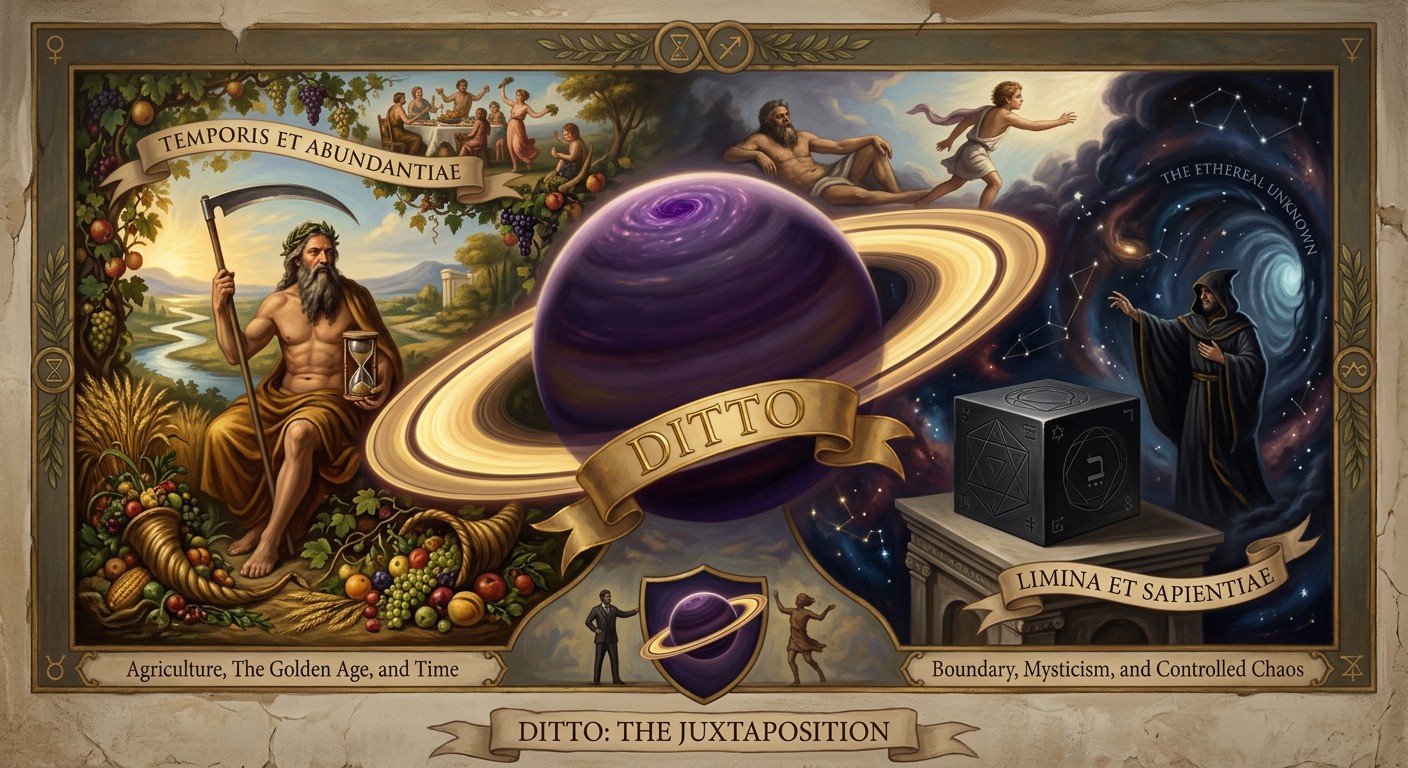 Saturn symbolism -- agriculture, the golden age, and time on the left; boundary, mysticism, and controlled chaos on the right